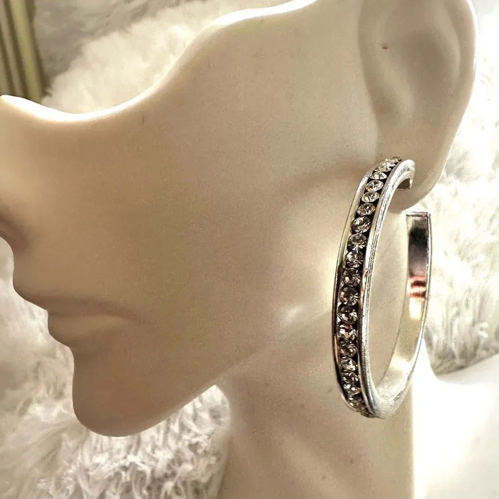 Silver tone rhinestone hoop earrings